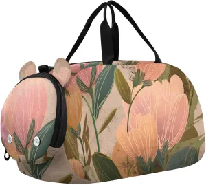 Vivid Black Floral Motif Youth Sports Duffel Bag with Ventilated Shoe Compartment|All-Season Lightweight Travel Gym Bag for Girls & Boys|Water-Resistant Gear Bag