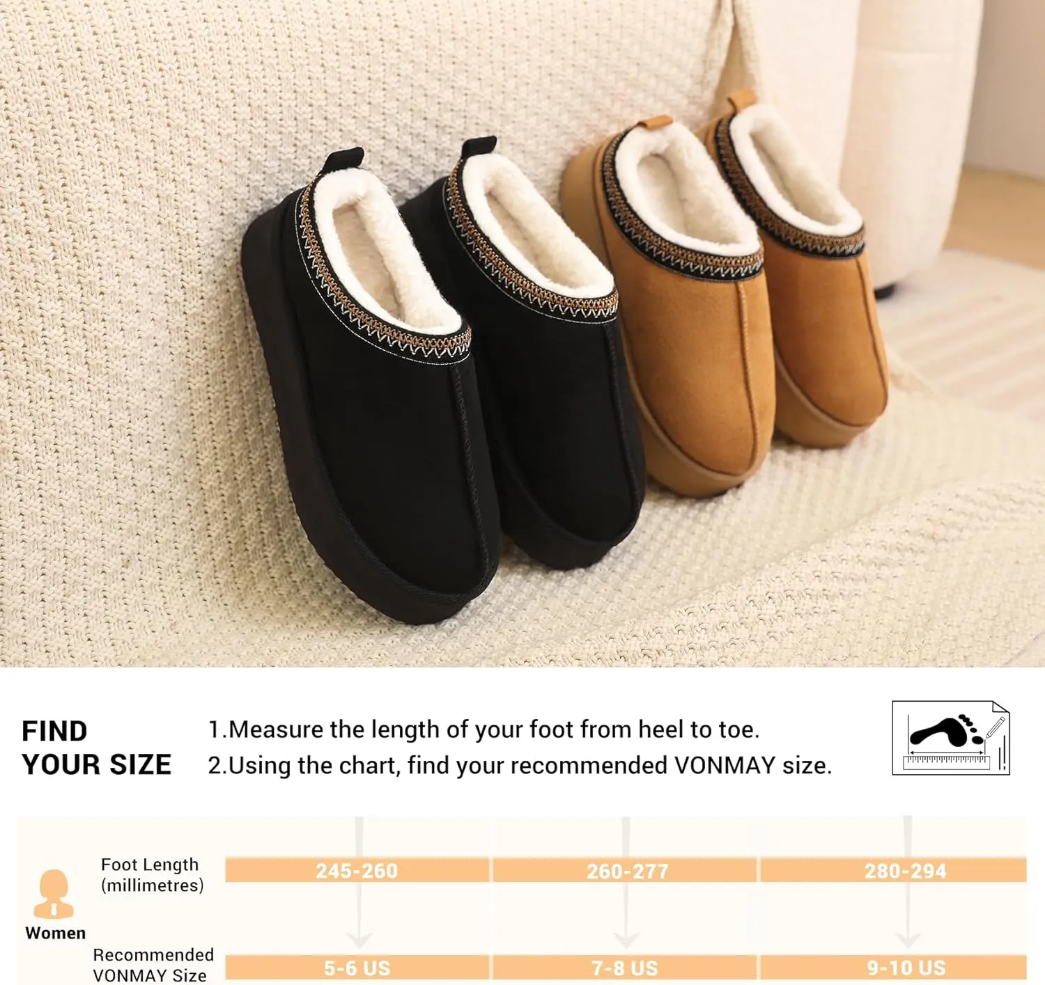 VONMAY Women's Cozy Platform Slippers, Warm Fleece-Lined Indoor Outdoor Slippers with Anti-Slip Sole, Stylish and Comfortable Christmas Gift Winter House Shoes