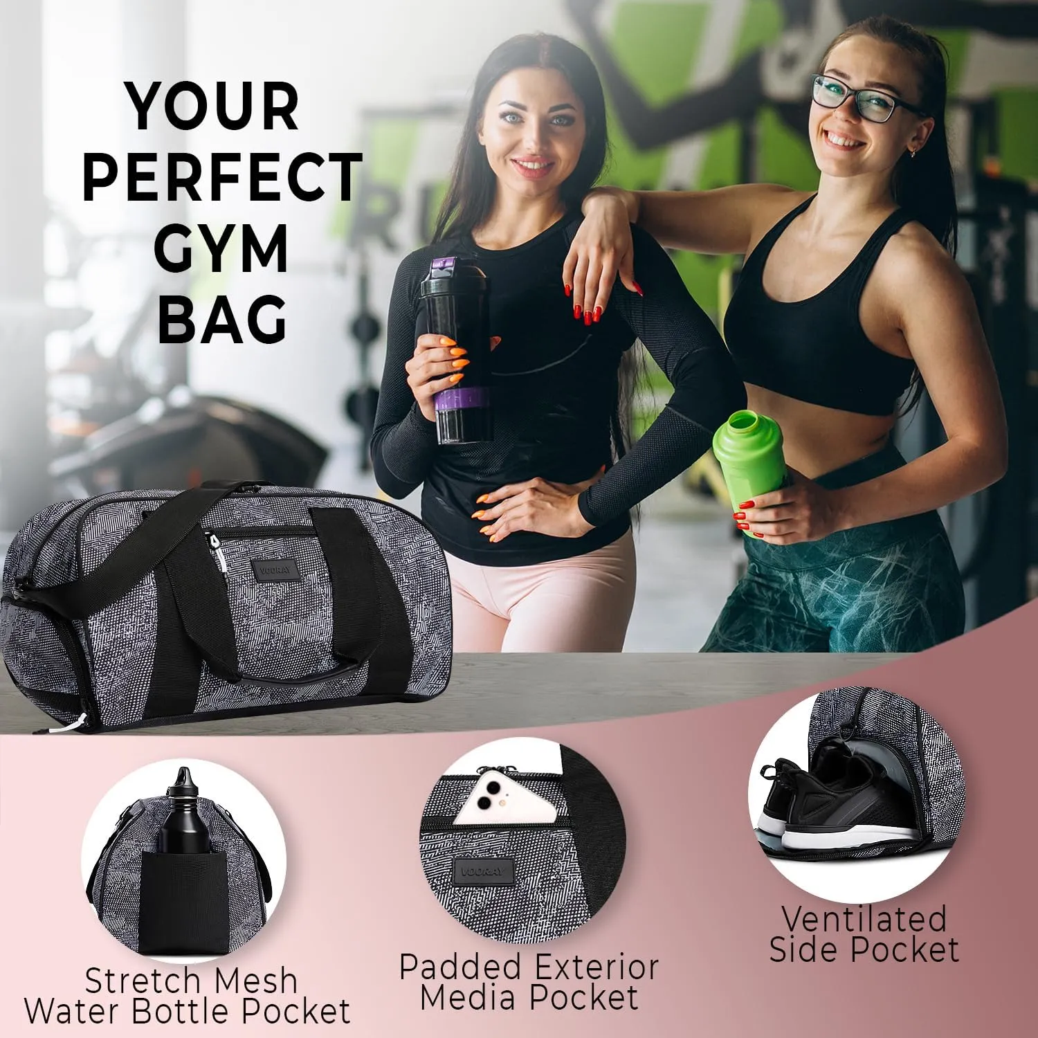 Vooray Burner Gym Duffel Bag, Gym Bag for Women and Men with Shoe Compartment, Weekender, Overnight & Travel Duffel for Sports and Workout