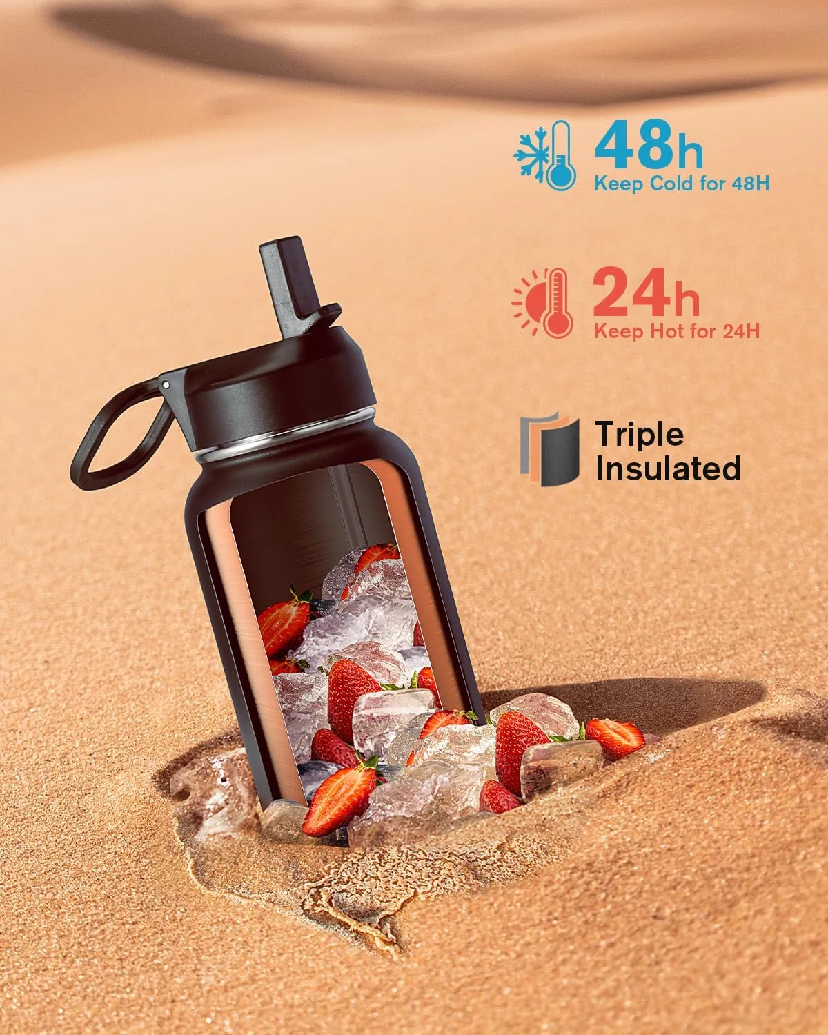 Water Bottle 40 oz Insulated with Straw&Brush, Coolflask Vaccum Stainless Steel Metal 3 Lids Water Flask for Sports, Gym or Office, Keep Cold 48H Hot 24H, Piano Night