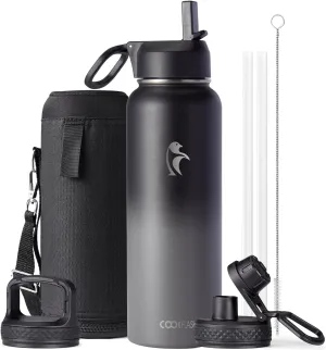 Water Bottle 40 oz Insulated with Straw&Brush, Coolflask Vaccum Stainless Steel Metal 3 Lids Water Flask for Sports, Gym or Office, Keep Cold 48H Hot 24H, Piano Night