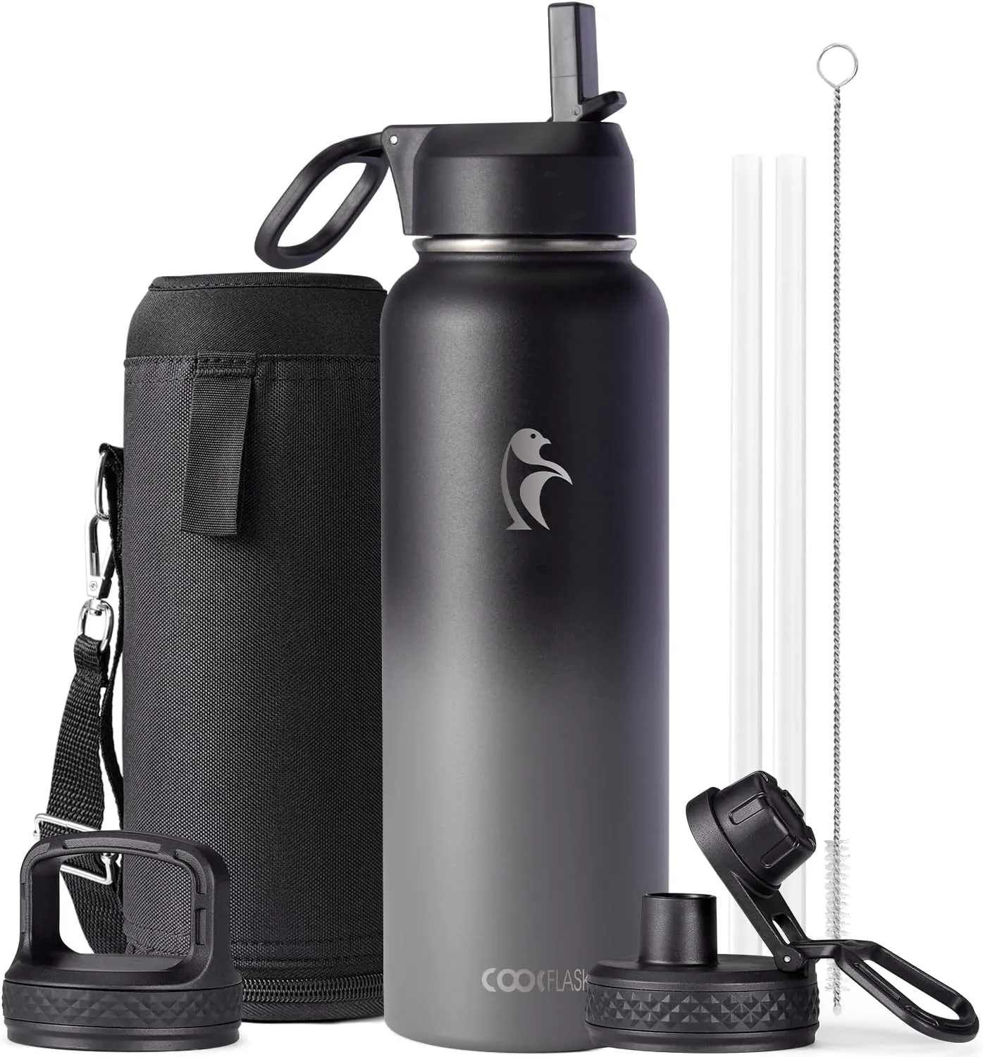 Water Bottle 40 oz Insulated with Straw&Brush, Coolflask Vaccum Stainless Steel Metal 3 Lids Water Flask for Sports, Gym or Office, Keep Cold 48H Hot 24H, Piano Night