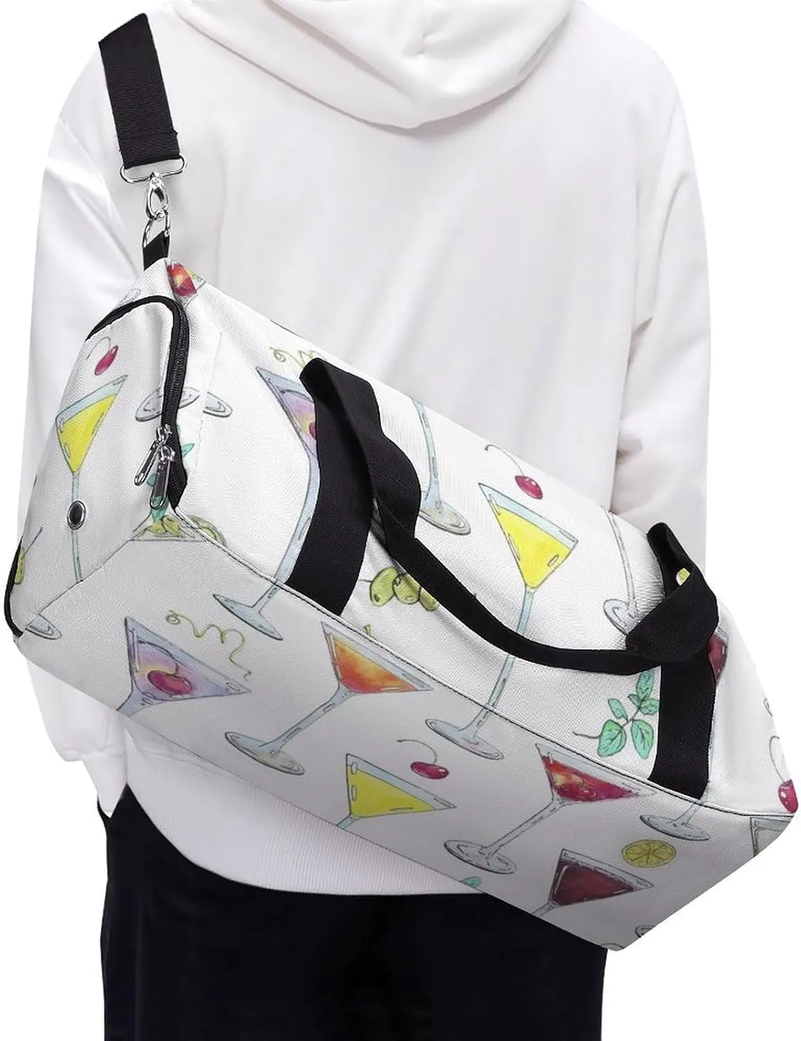 Watercolor Cocktails Glass with Fruits Fitness Large Gym Bag for Unisex with Shoe Compartment & Wet Pocket