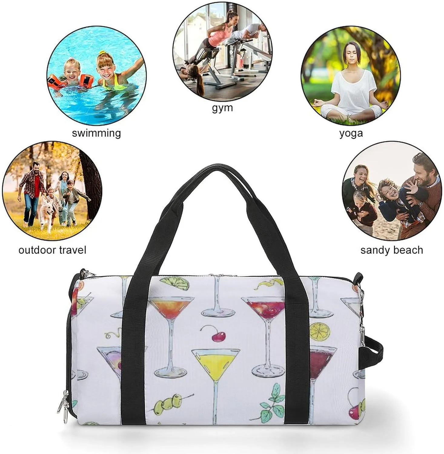 Watercolor Cocktails Glass with Fruits Fitness Large Gym Bag for Unisex with Shoe Compartment & Wet Pocket