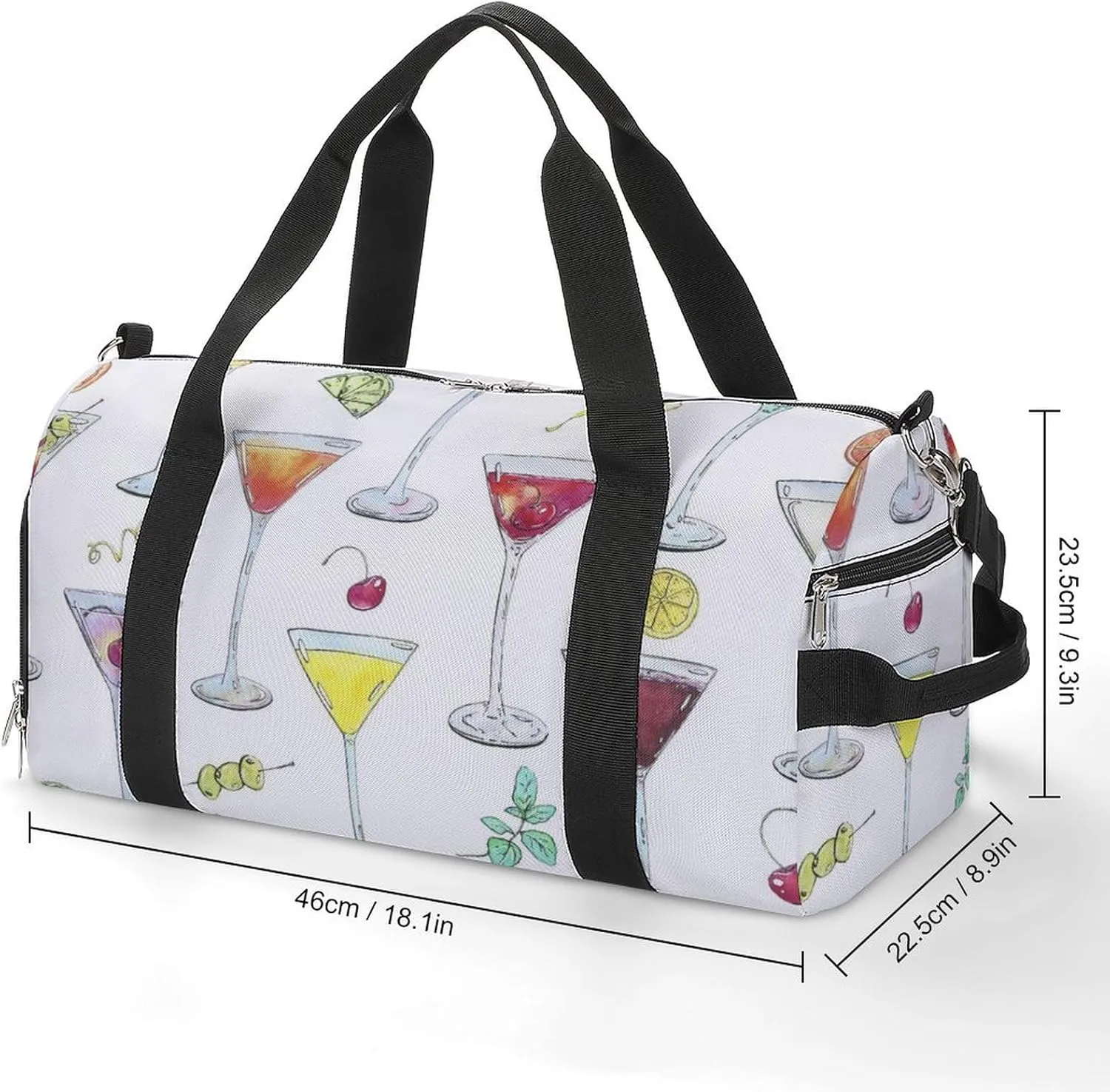 Watercolor Cocktails Glass with Fruits Fitness Large Gym Bag for Unisex with Shoe Compartment & Wet Pocket