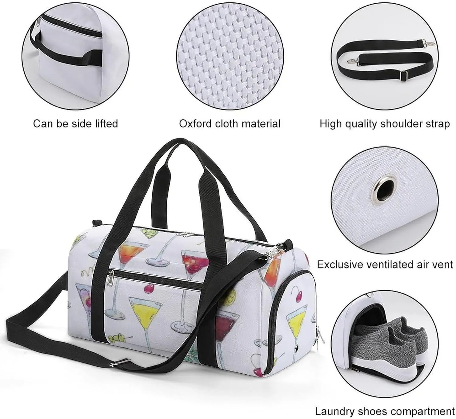 Watercolor Cocktails Glass with Fruits Fitness Large Gym Bag for Unisex with Shoe Compartment & Wet Pocket