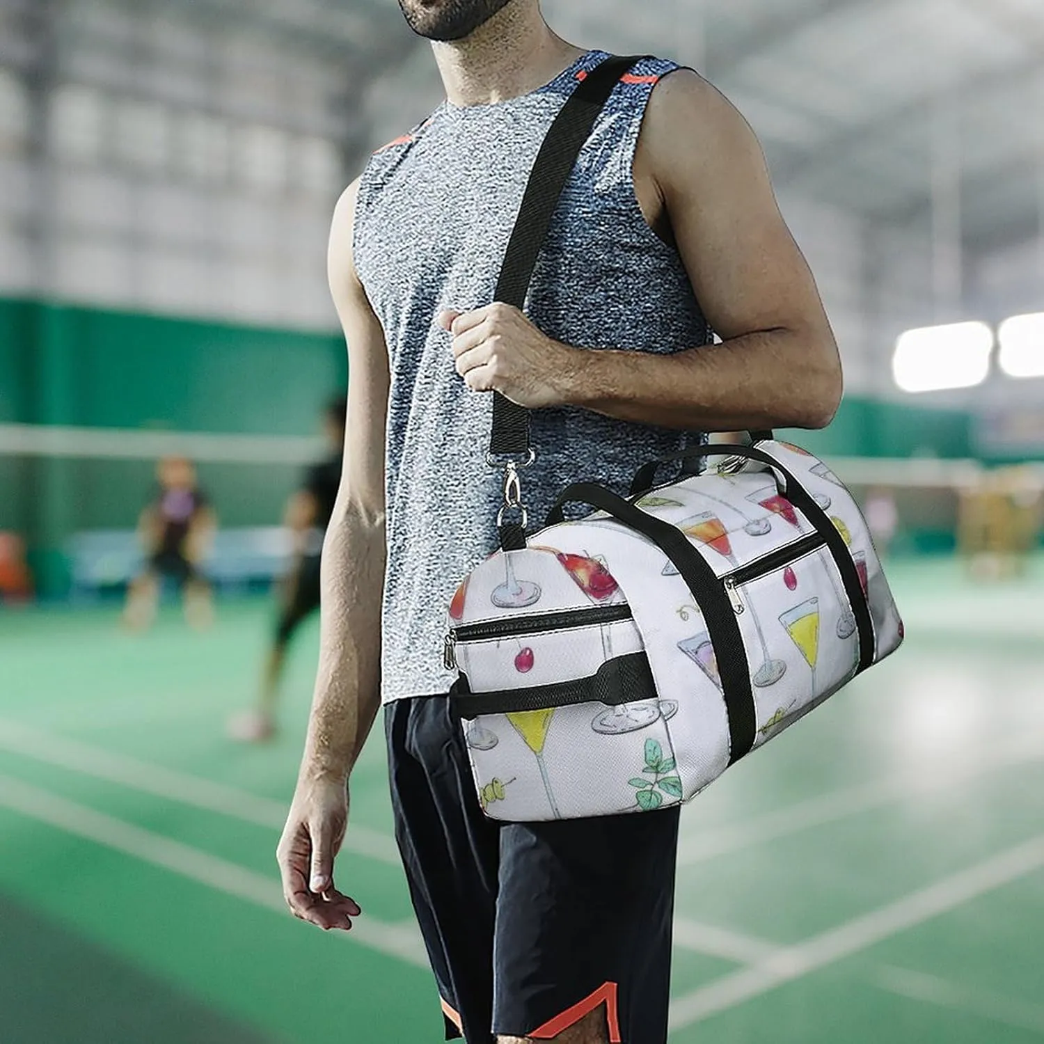 Watercolor Cocktails Glass with Fruits Fitness Large Gym Bag for Unisex with Shoe Compartment & Wet Pocket
