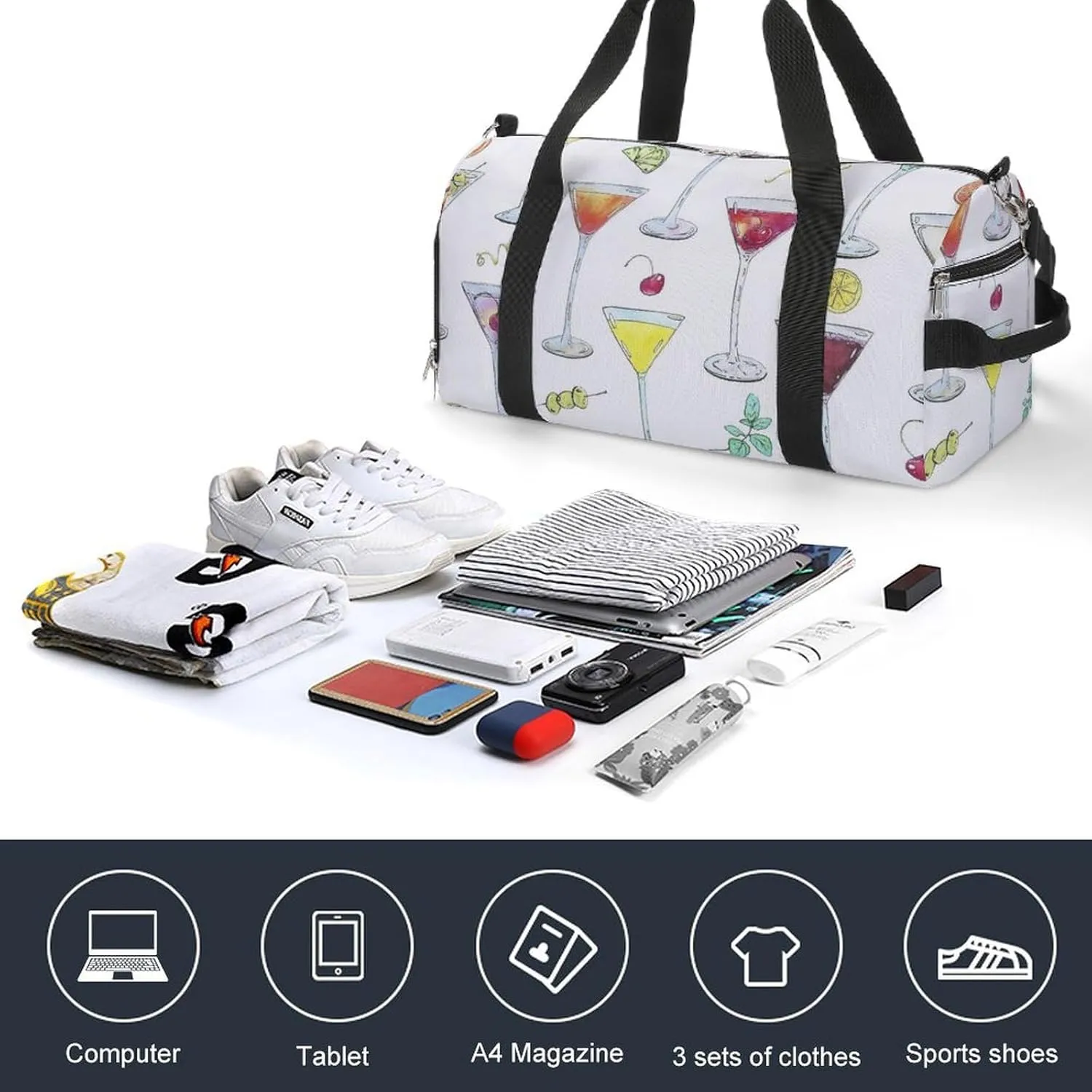 Watercolor Cocktails Glass with Fruits Fitness Large Gym Bag for Unisex with Shoe Compartment & Wet Pocket