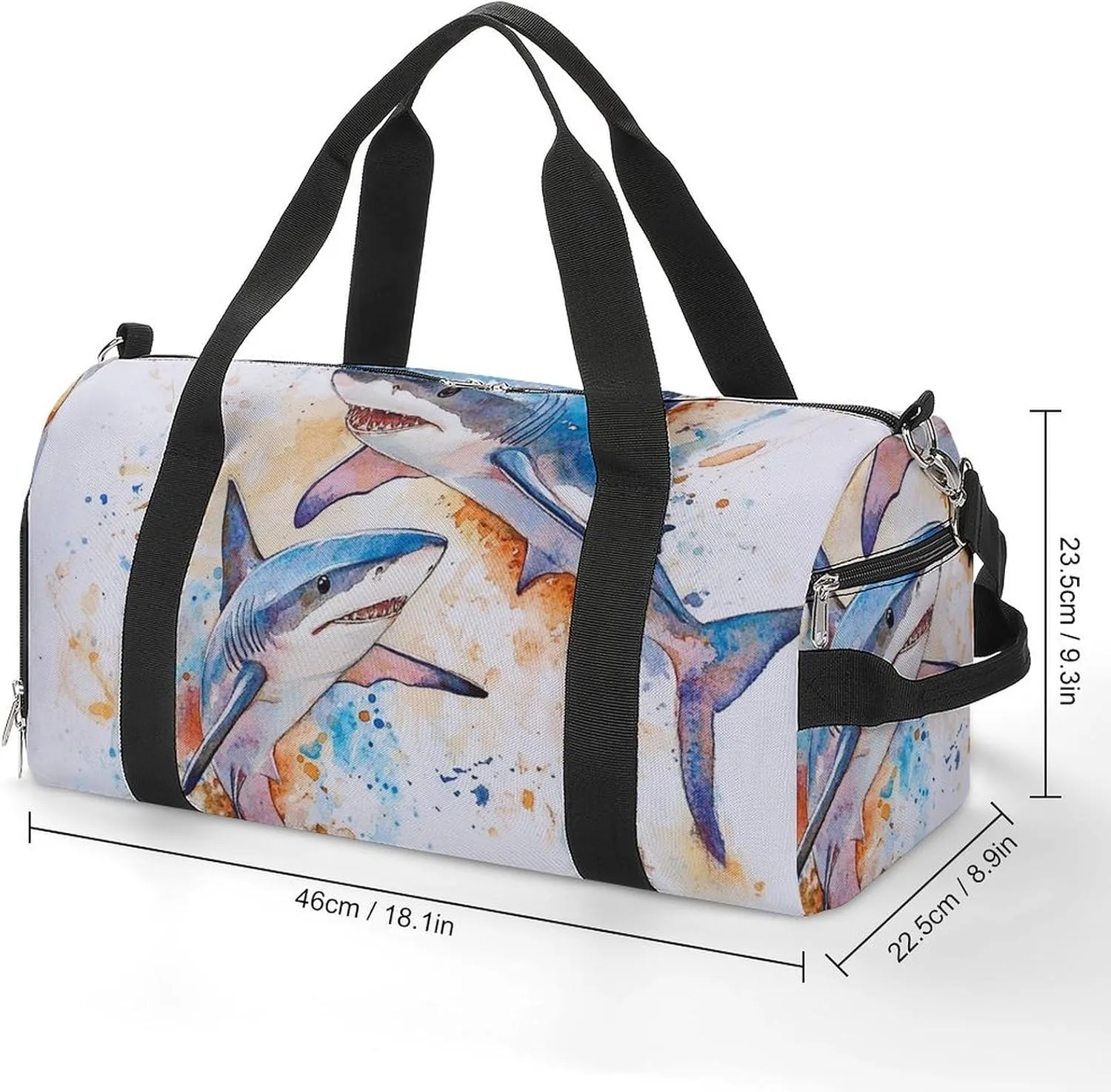 Watercolor Sharks Fitness Large Gym Bag for Unisex with Shoe Compartment & Wet Pocket