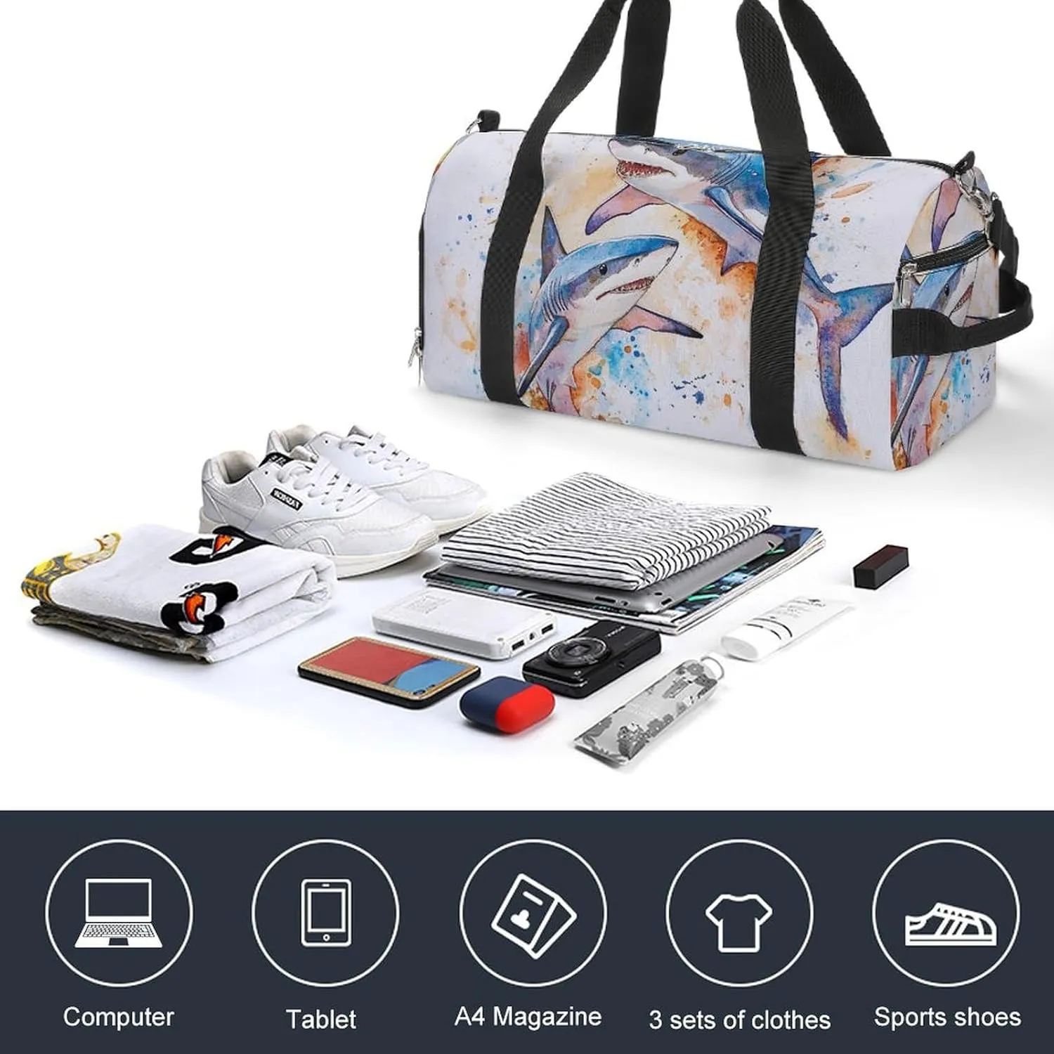 Watercolor Sharks Fitness Large Gym Bag for Unisex with Shoe Compartment & Wet Pocket