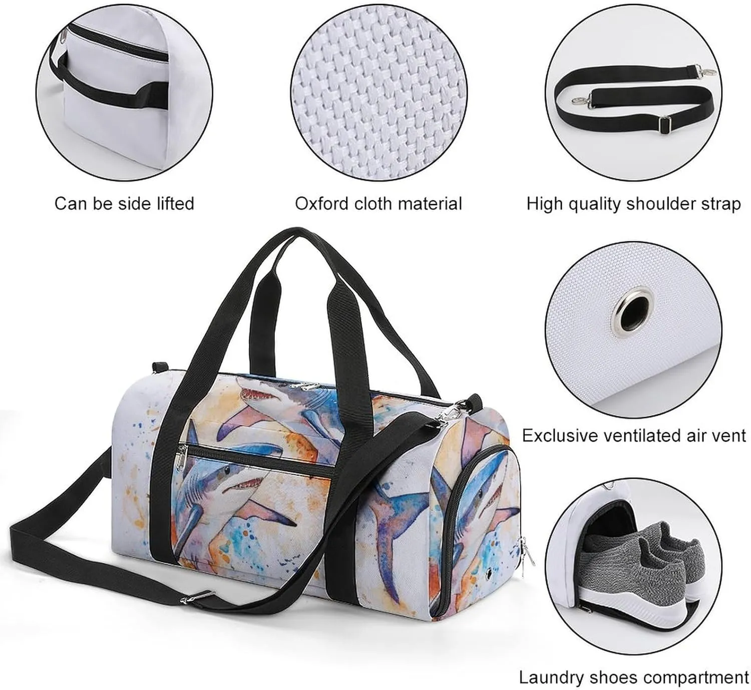 Watercolor Sharks Fitness Large Gym Bag for Unisex with Shoe Compartment & Wet Pocket
