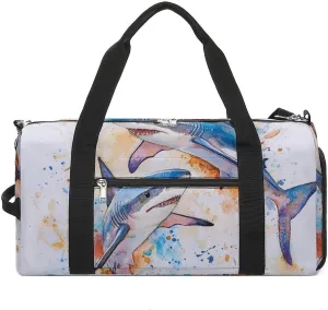 Watercolor Sharks Fitness Large Gym Bag for Unisex with Shoe Compartment & Wet Pocket