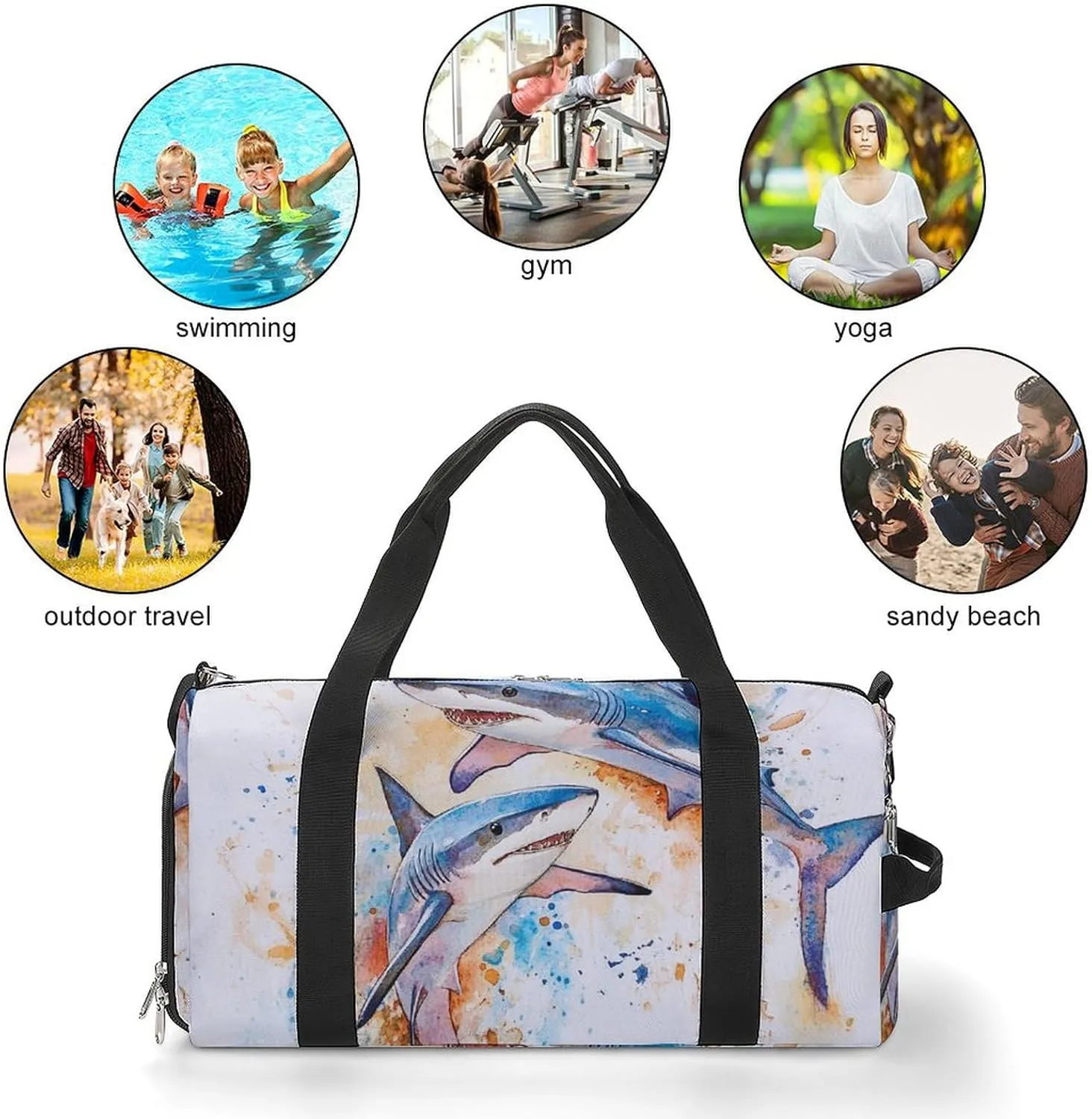 Watercolor Sharks Fitness Large Gym Bag for Unisex with Shoe Compartment & Wet Pocket
