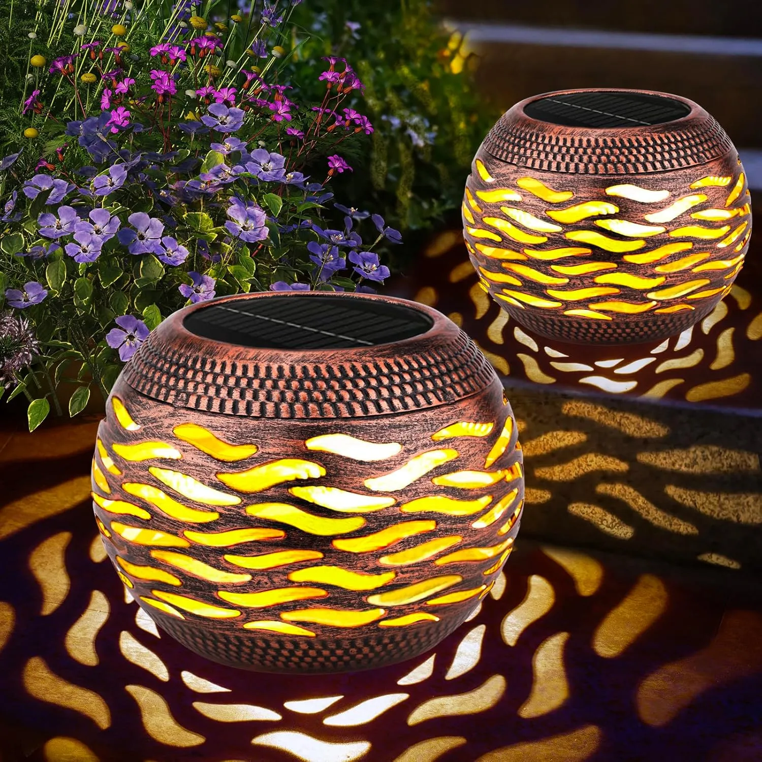 Waterproof Solar Lanterns Outdoor 2-Pack - Retro Metal Hollow-Out Solar Table Lamp for Outdoor Yard Garden Porch Patio Lawn Decorations Unique Gardening Gifts for Women, Mom