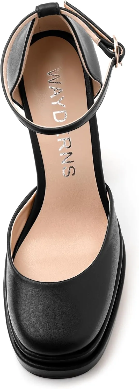 WAYDERNS Platform Heels for Women Block High Heel Closed Round Toe Ankle Strap 5.9 Inch Pumps Stylish Prom Party Wedding Dress Shoes