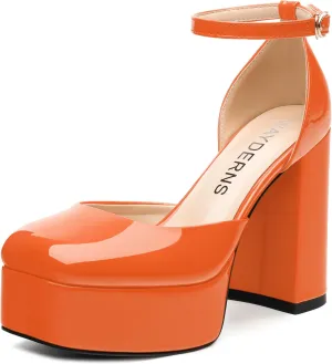 WAYDERNS Platform Heels for Women Block High Heel Closed Square Toe Ankle Strap 4.3 Inch Pumps Fashion Party Dress Shoes