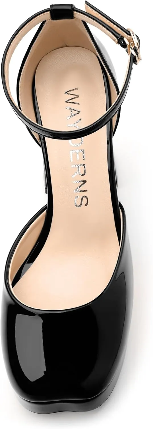 WAYDERNS Platform Heels for Women Block High Heel Closed Square Toe Ankle Strap 4.3 Inch Pumps Fashion Party Dress Shoes