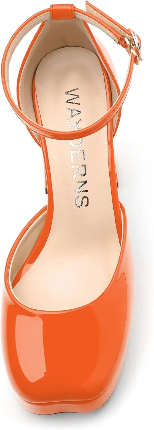 WAYDERNS Platform Heels for Women Block High Heel Closed Square Toe Ankle Strap 4.3 Inch Pumps Fashion Party Dress Shoes