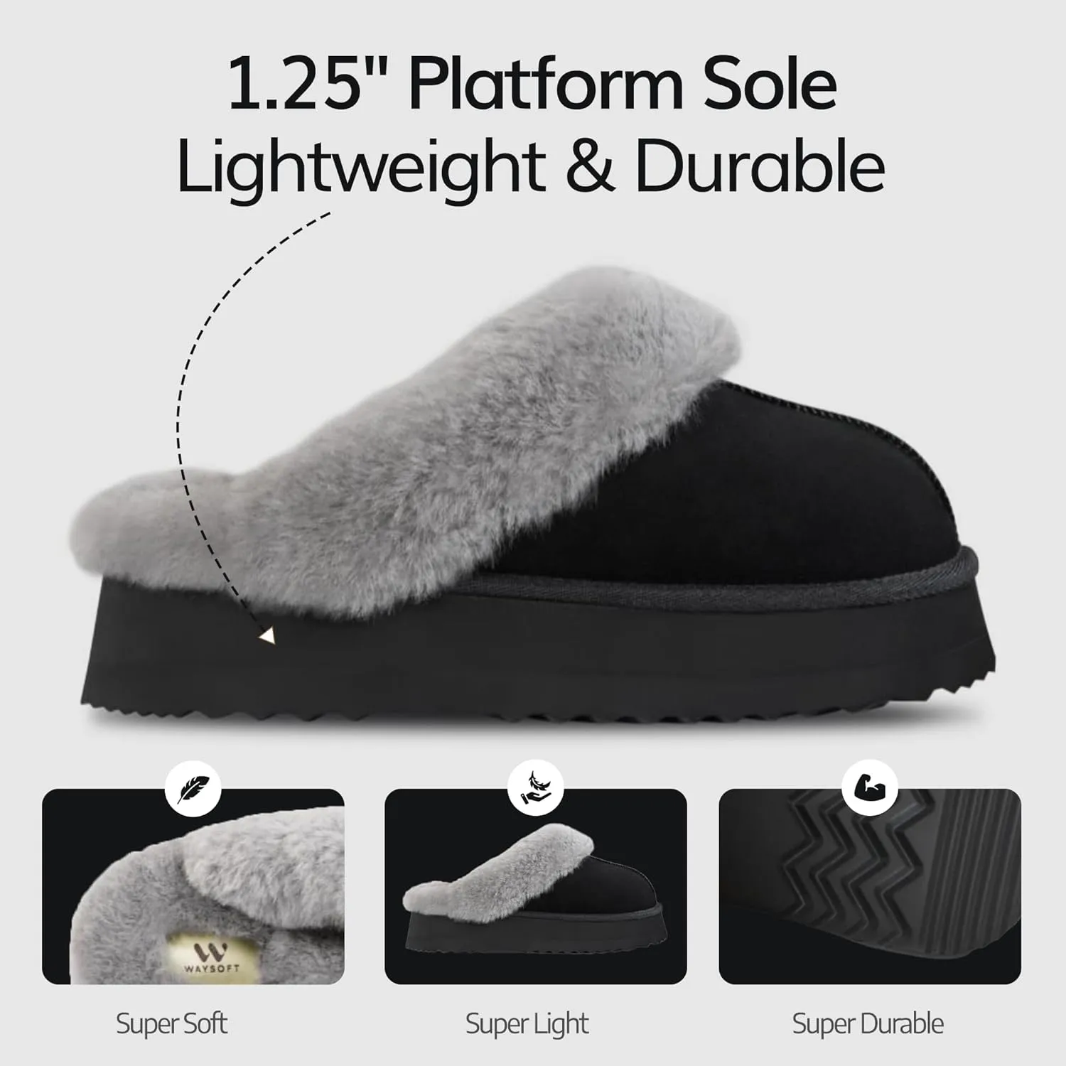 WaySoft Genuine Australian Sheepskin Women Platform Slippers, 100% Shearling Platform Indoor and Outdoor Fluffy Wool Slippers