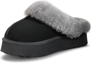 WaySoft Genuine Australian Sheepskin Women Platform Slippers, 100% Shearling Platform Indoor and Outdoor Fluffy Wool Slippers