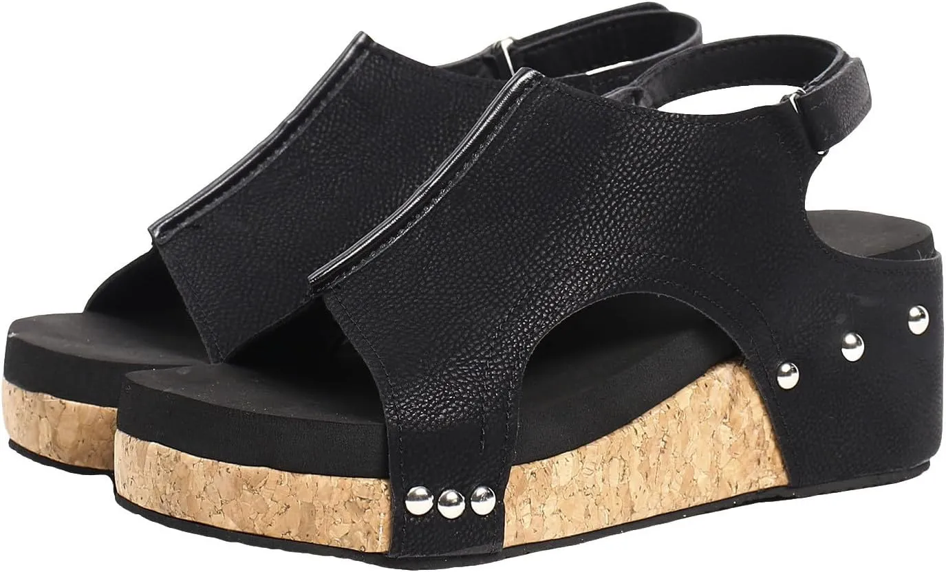 Wedges Heels for Women Dressy, Women's Cork Platform Wedge Sandals Low Heel Open Toe Ankle Strap Comfortable Orthopedic Wedges Ladies Casual Summer Shoes (a-Black, 7.5)
