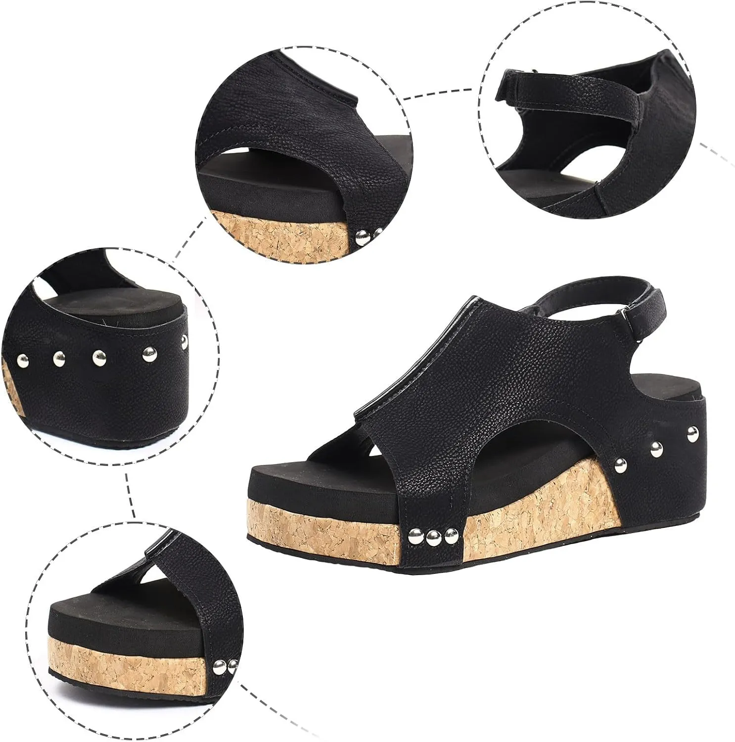 Wedges Heels for Women Dressy, Women's Cork Platform Wedge Sandals Low Heel Open Toe Ankle Strap Comfortable Orthopedic Wedges Ladies Casual Summer Shoes (a-Black, 7.5)