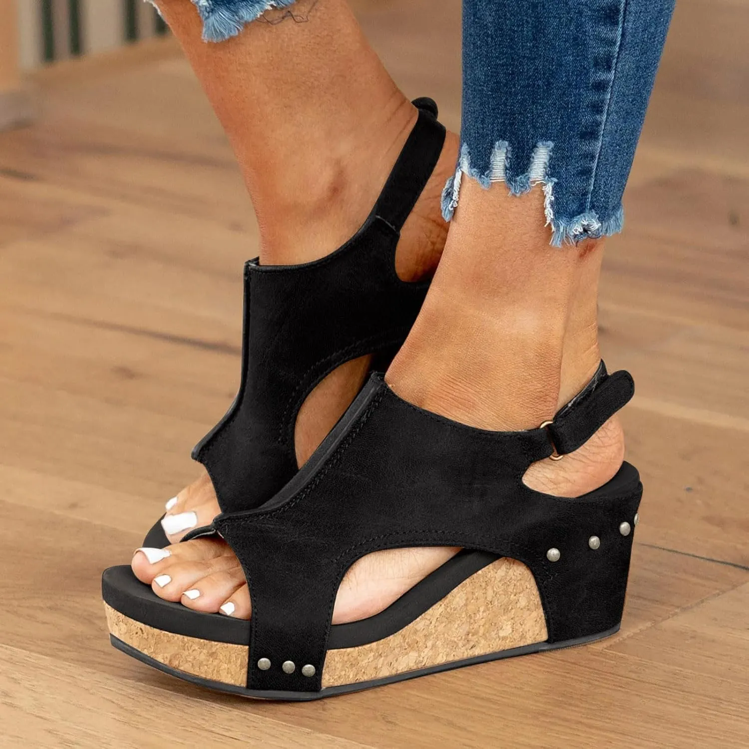 Wedges Heels for Women Dressy, Women's Cork Platform Wedge Sandals Low Heel Open Toe Ankle Strap Comfortable Orthopedic Wedges Ladies Casual Summer Shoes (a-Black, 7.5)
