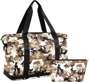 Weekender Bag for Women, Camouflage Desert Gym Bag Sports Duffle Bag Travel Tote Bag with Toiletry Bag Shoes Compartment Dry/Wet Separation Swim Bag