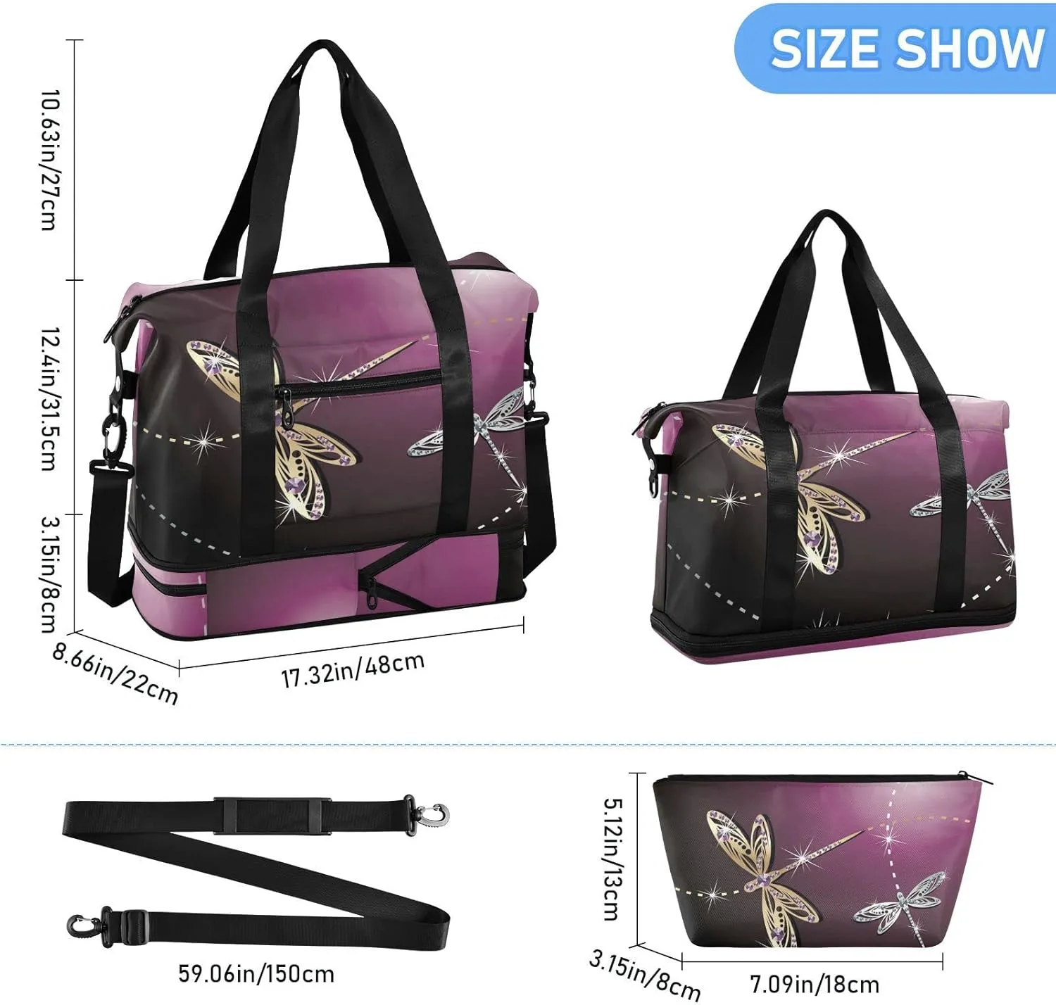 Weekender Bag for Women, Dragonfly Purple Gym Sports Duffle Travel Tote With Toiletry and Swim Bag