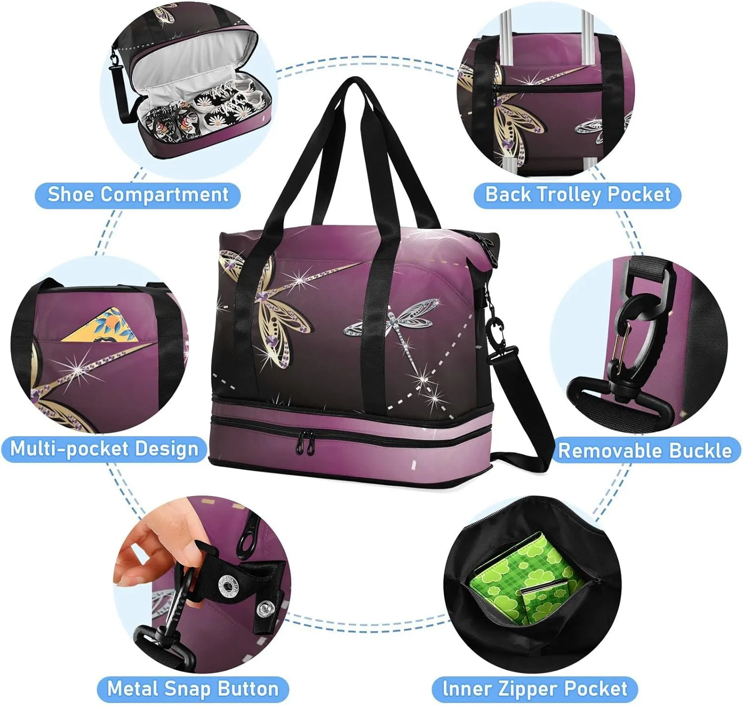 Weekender Bag for Women, Dragonfly Purple Gym Sports Duffle Travel Tote With Toiletry and Swim Bag