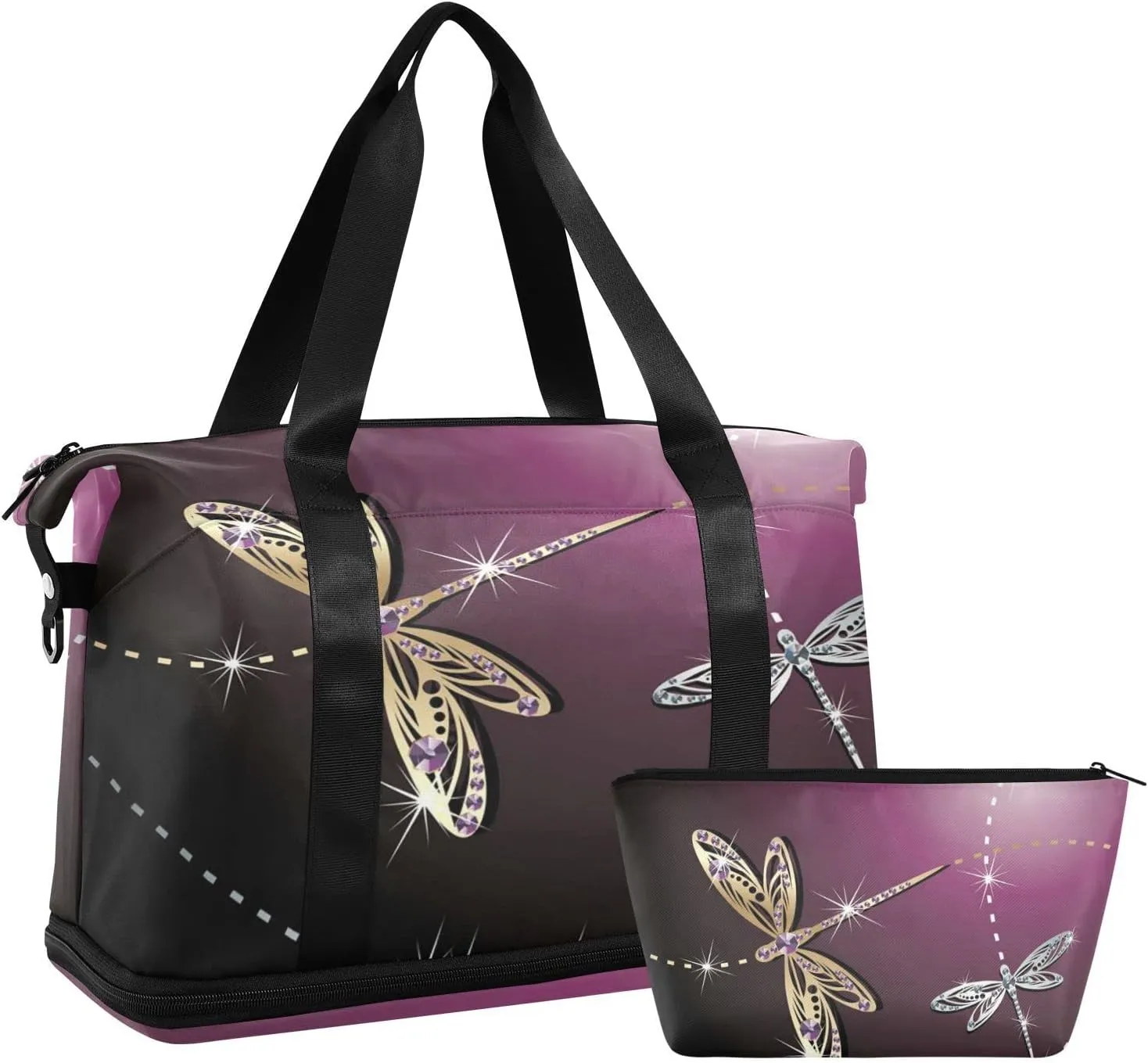 Weekender Bag for Women, Dragonfly Purple Gym Sports Duffle Travel Tote With Toiletry and Swim Bag