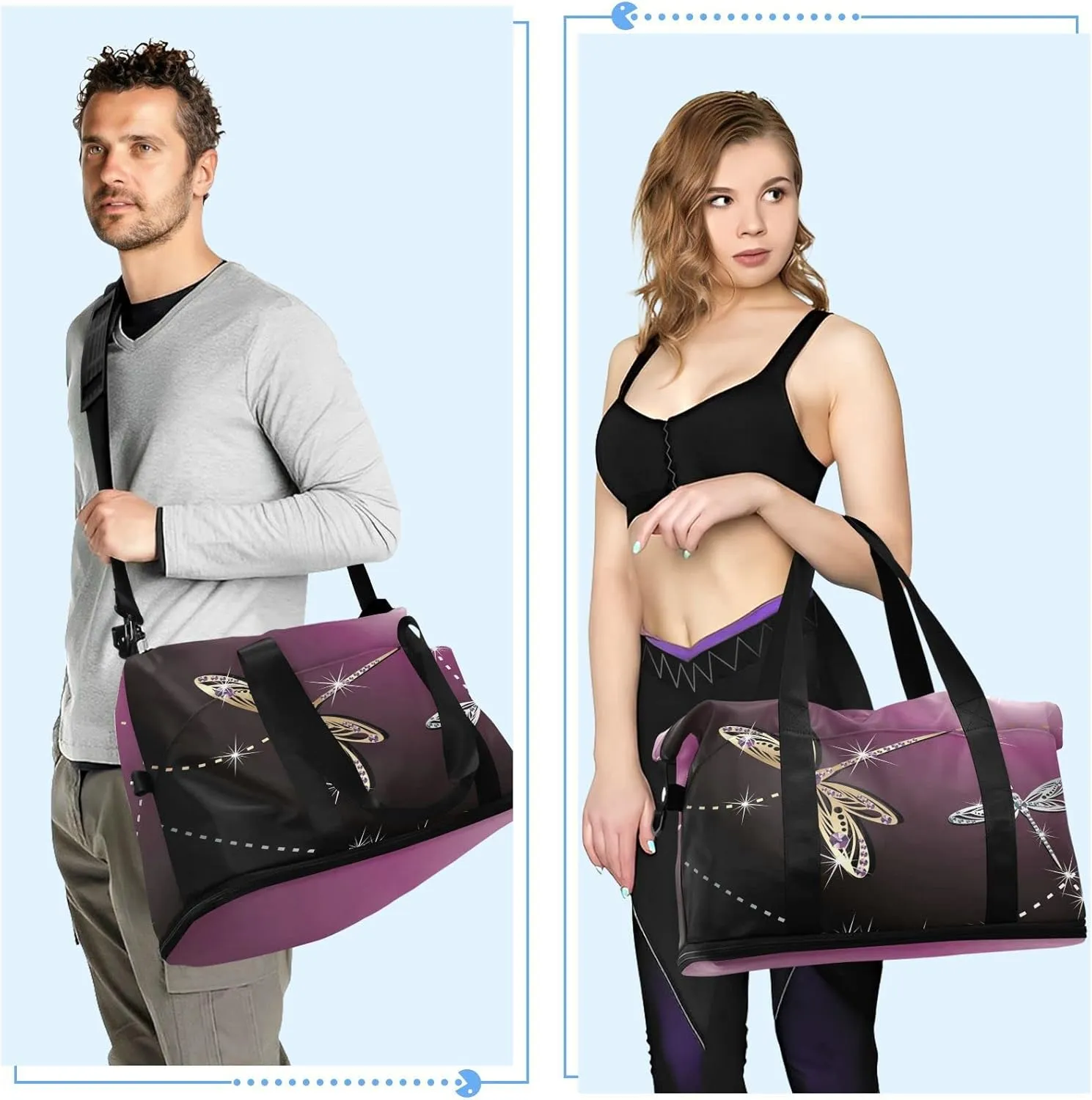 Weekender Bag for Women, Dragonfly Purple Gym Sports Duffle Travel Tote With Toiletry and Swim Bag