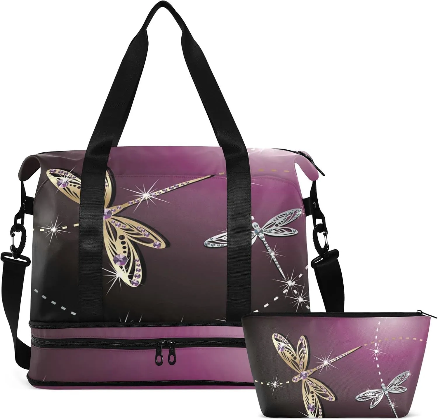 Weekender Bag for Women, Dragonfly Purple Gym Sports Duffle Travel Tote With Toiletry and Swim Bag