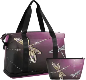 Weekender Bag for Women, Dragonfly Purple Gym Sports Duffle Travel Tote With Toiletry and Swim Bag