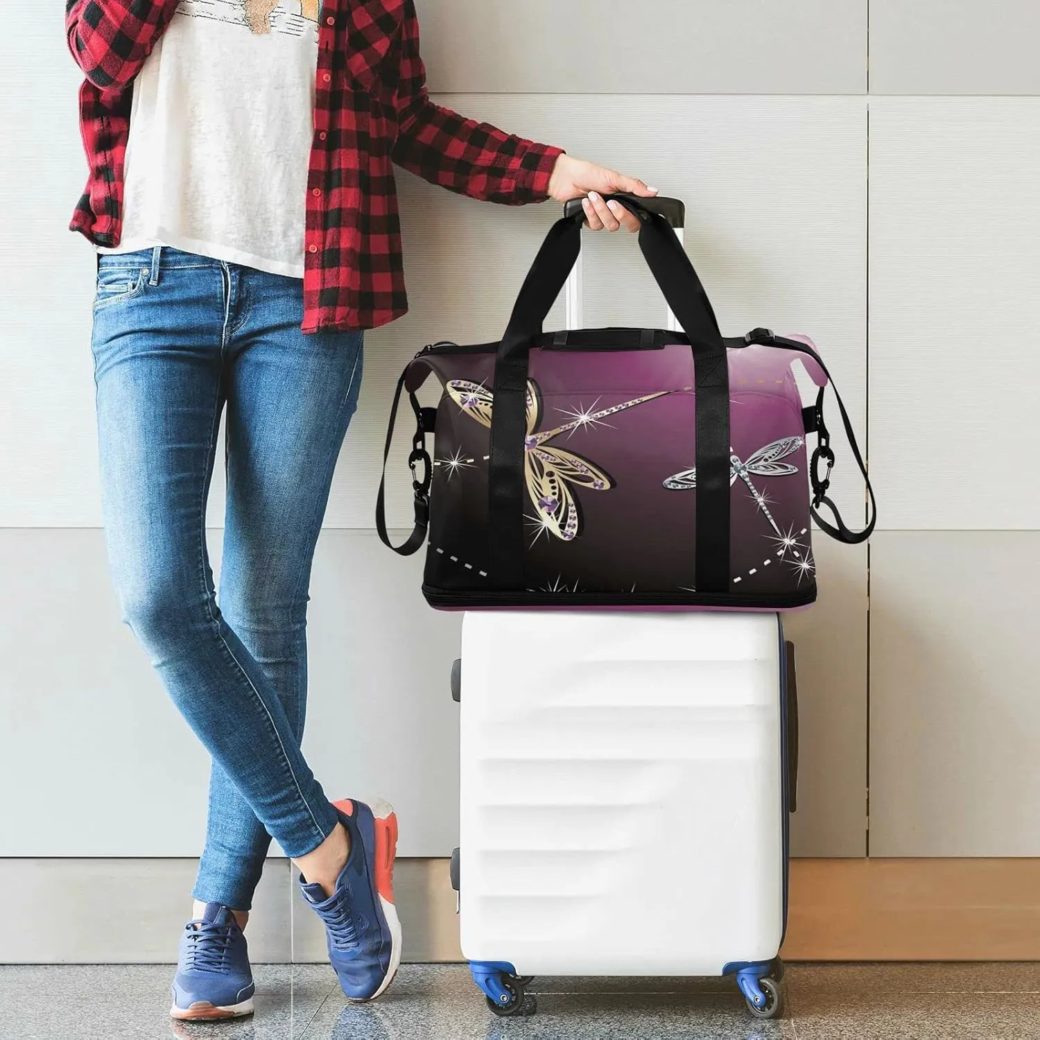 Weekender Bag for Women, Dragonfly Purple Gym Sports Duffle Travel Tote With Toiletry and Swim Bag
