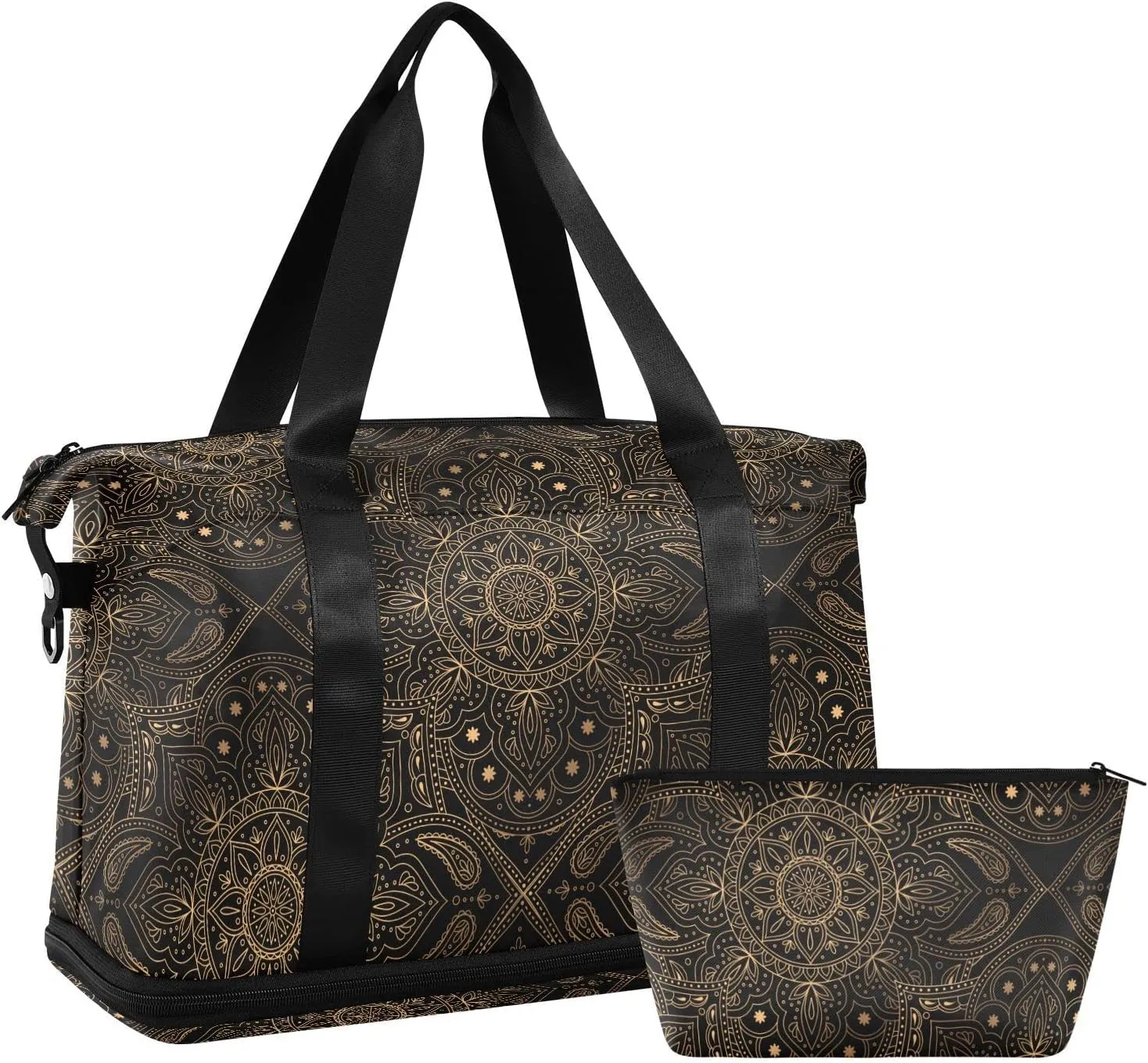 Weekender Bag for Women, Golden Mandala Lotus Boho Gym Bag Sports Duffle Bag Travel Tote Bag with Toiletry Bag Shoes Compartment Dry/Wet Separation Swim Bag