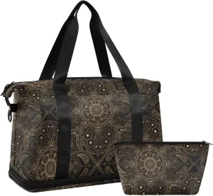 Weekender Bag for Women, Golden Mandala Lotus Boho Gym Bag Sports Duffle Bag Travel Tote Bag with Toiletry Bag Shoes Compartment Dry/Wet Separation Swim Bag