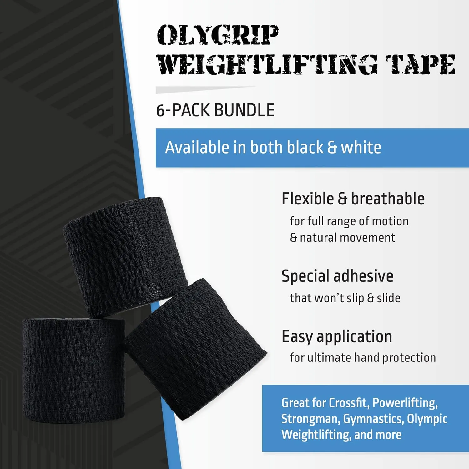 Weightlifting Tape, Stretch Sports Tape for Wrist and Hand Use, 6 Rolls, Black
