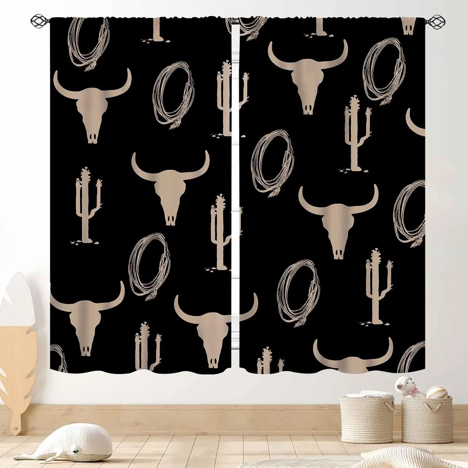Western Curtains, Rustic Cowboys Southwest Tribal Cow Print Cactus Bull Skull Farmhouse Country Blackout Window Drapery Treatments for Bedroom Living Room Kitchen 2 Panels Set, 42"x45" Inch