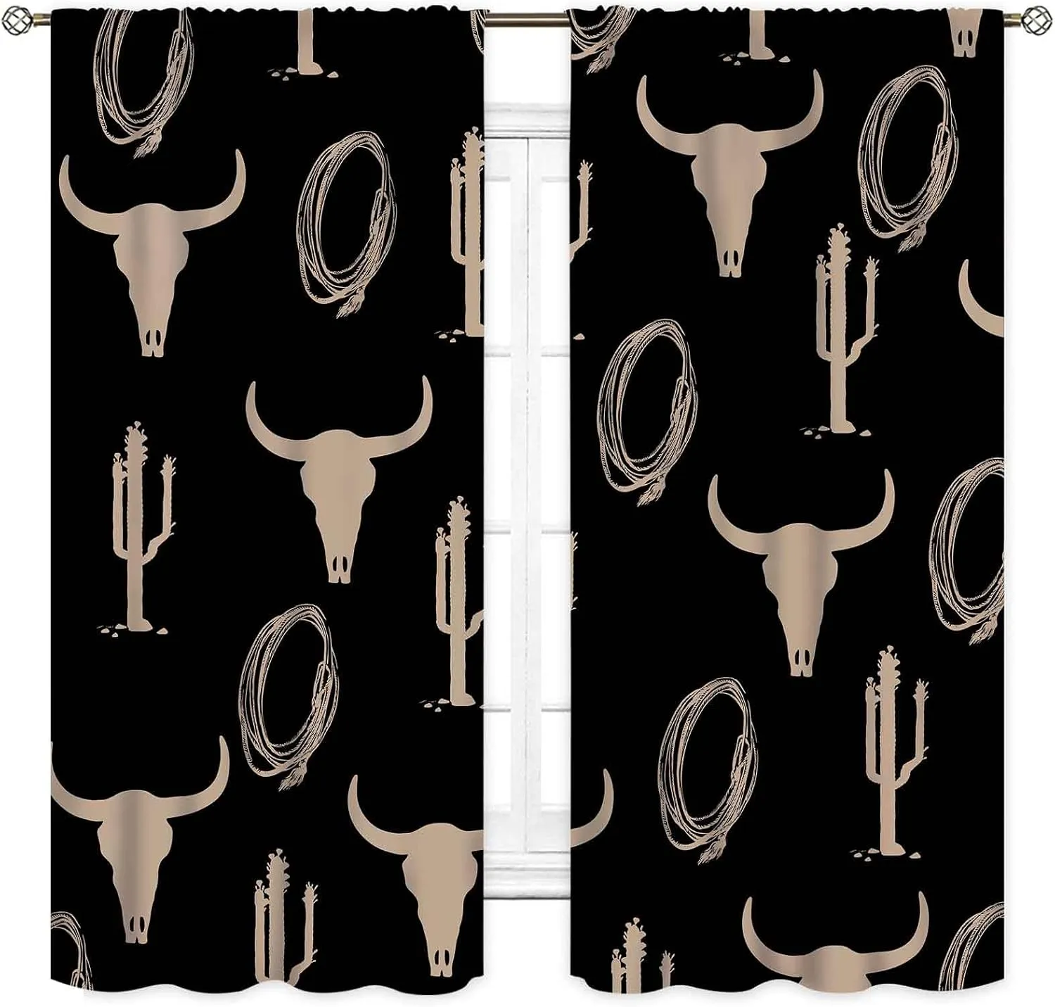 Western Curtains, Rustic Cowboys Southwest Tribal Cow Print Cactus Bull Skull Farmhouse Country Blackout Window Drapery Treatments for Bedroom Living Room Kitchen 2 Panels Set, 42"x45" Inch