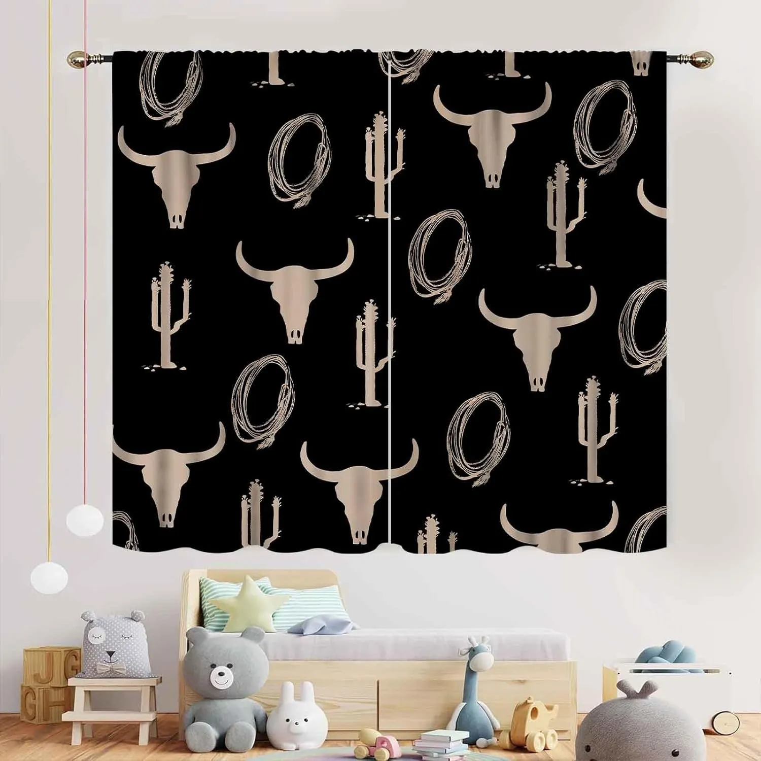 Western Curtains, Rustic Cowboys Southwest Tribal Cow Print Cactus Bull Skull Farmhouse Country Blackout Window Drapery Treatments for Bedroom Living Room Kitchen 2 Panels Set, 42"x45" Inch