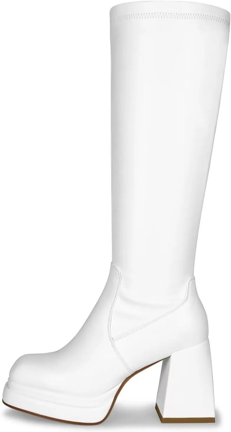wetkiss Platform Knee High Boots Women Chunky High Heel Black Boots for Women Gogo Boot with Side Zipper Stretchy Boot Not for Bigger Wide Calf