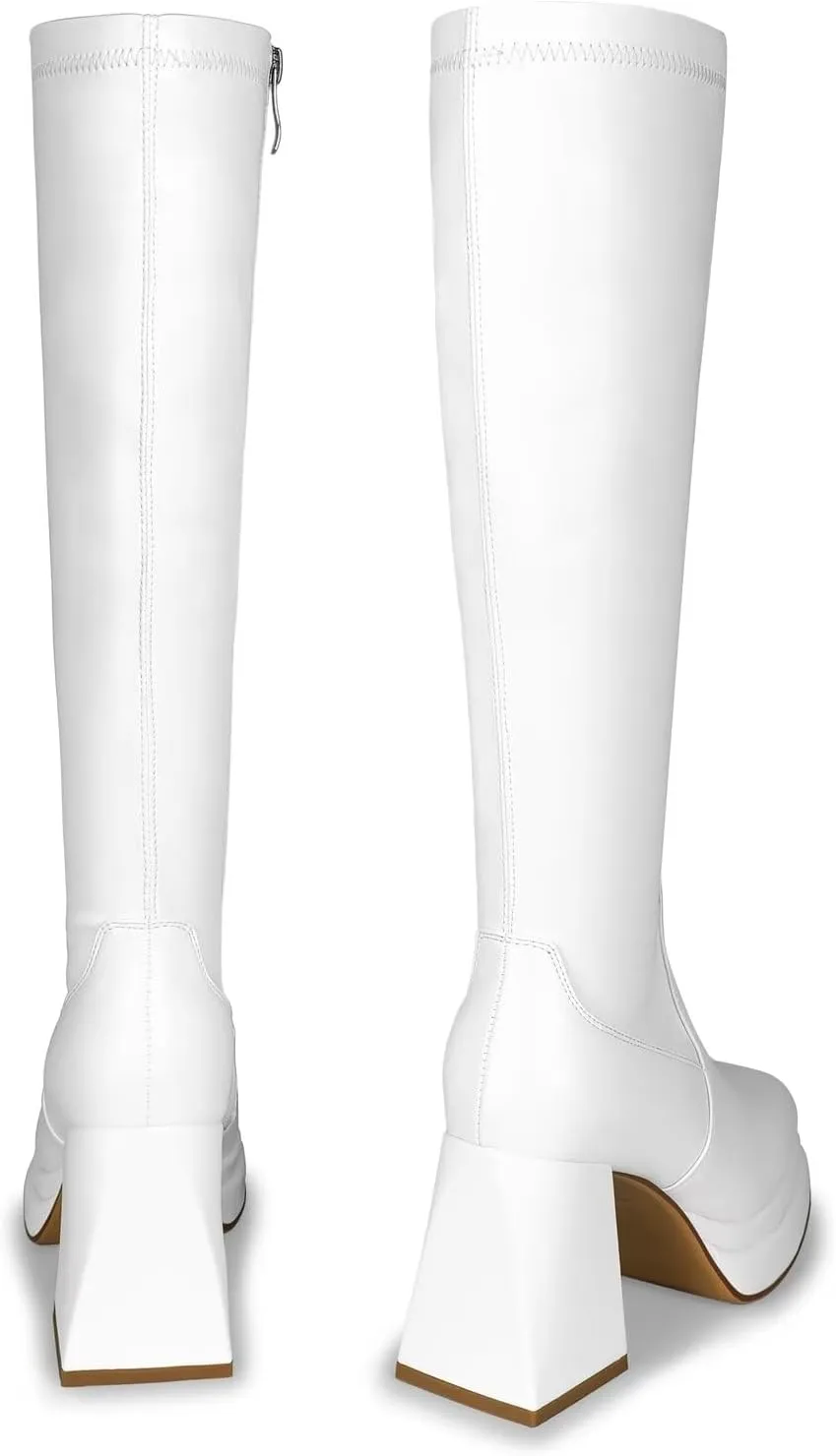 wetkiss Platform Knee High Boots Women Chunky High Heel Black Boots for Women Gogo Boot with Side Zipper Stretchy Boot Not for Bigger Wide Calf