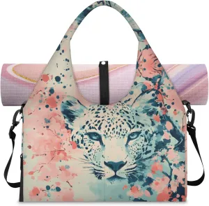 White cheetah Women's Yoga Gym Bag - Adjustable shoulder strap with shoe compartment, large gym bag with multiple pockets for yoga mat, gym equipment and travel accessories