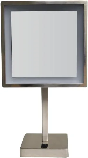 Whitehaus Freestanding LED Magnifying Mirror – 6” Square Vanity Mirror with 5X Zoom, Touch-Activated Light, Brushed Nickel