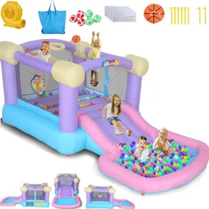 Whubefy Pink Toddler Bounce House, 161x82x63in Inflatable Castle With Ball Pit, 50 Balls/Air Blower/Basketball Hoop/Target Game, 300 Lbs Capacity, Bounce Castle For 2-8, Indoor Outdoor Use, Easy Setup