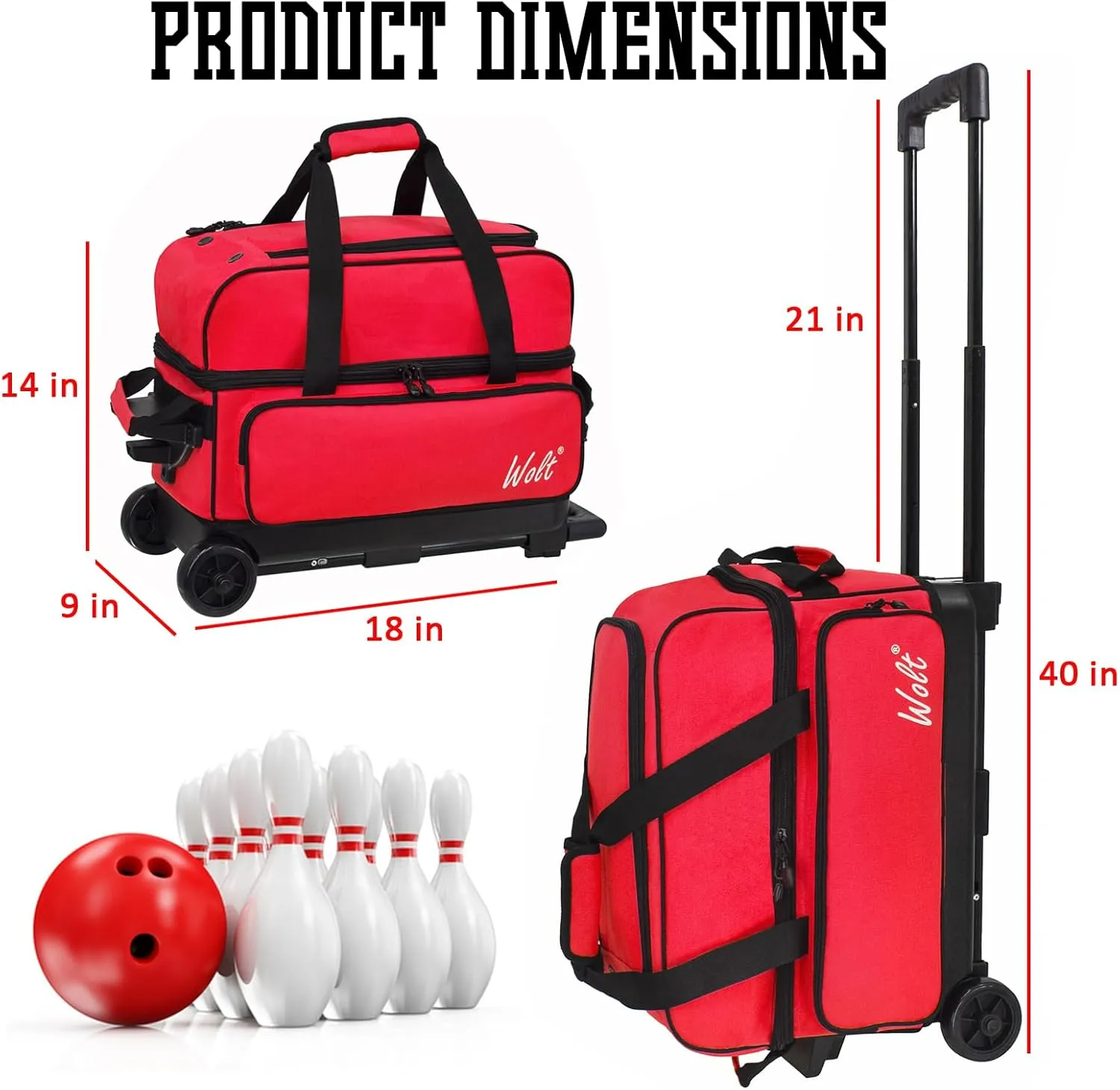 WOLT Double Roller 2 Ball Bowling Bag with Separate Shoe Compartment, Large Capacity Bowling Ball Bag with Accessory Pocket, Retractable Handle extends to 40"