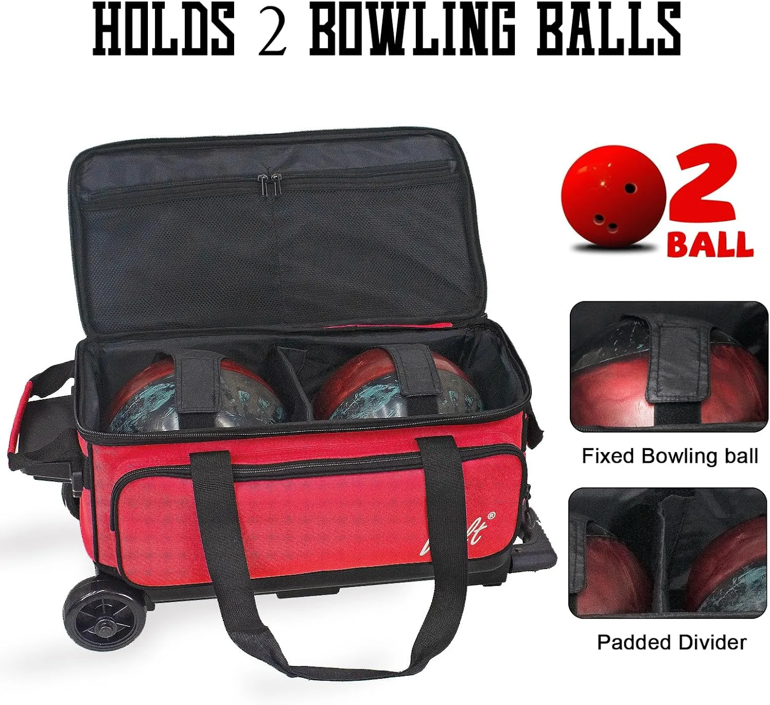 WOLT Double Roller 2 Ball Bowling Bag with Separate Shoe Compartment, Large Capacity Bowling Ball Bag with Accessory Pocket, Retractable Handle extends to 40"