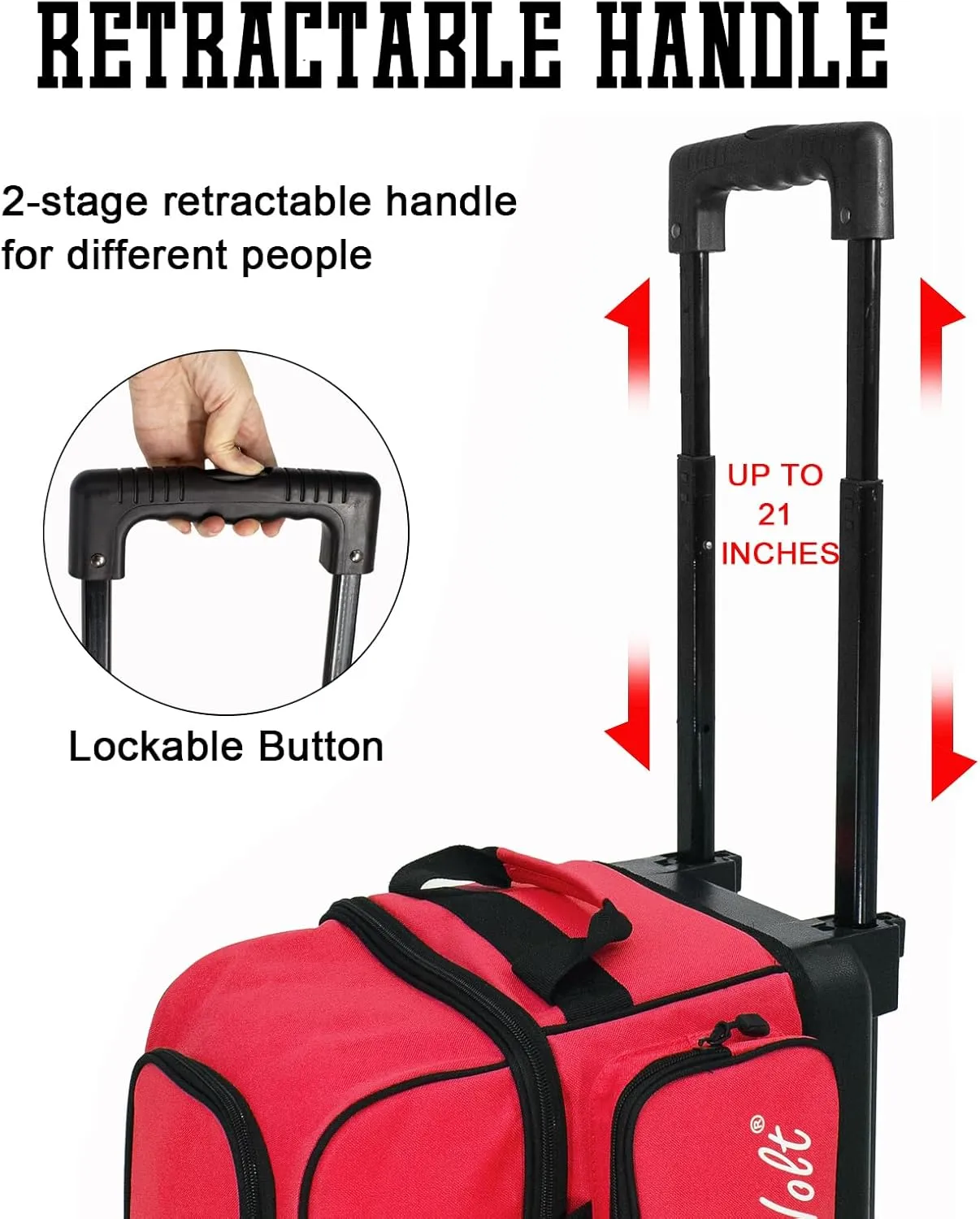 WOLT Double Roller 2 Ball Bowling Bag with Separate Shoe Compartment, Large Capacity Bowling Ball Bag with Accessory Pocket, Retractable Handle extends to 40"