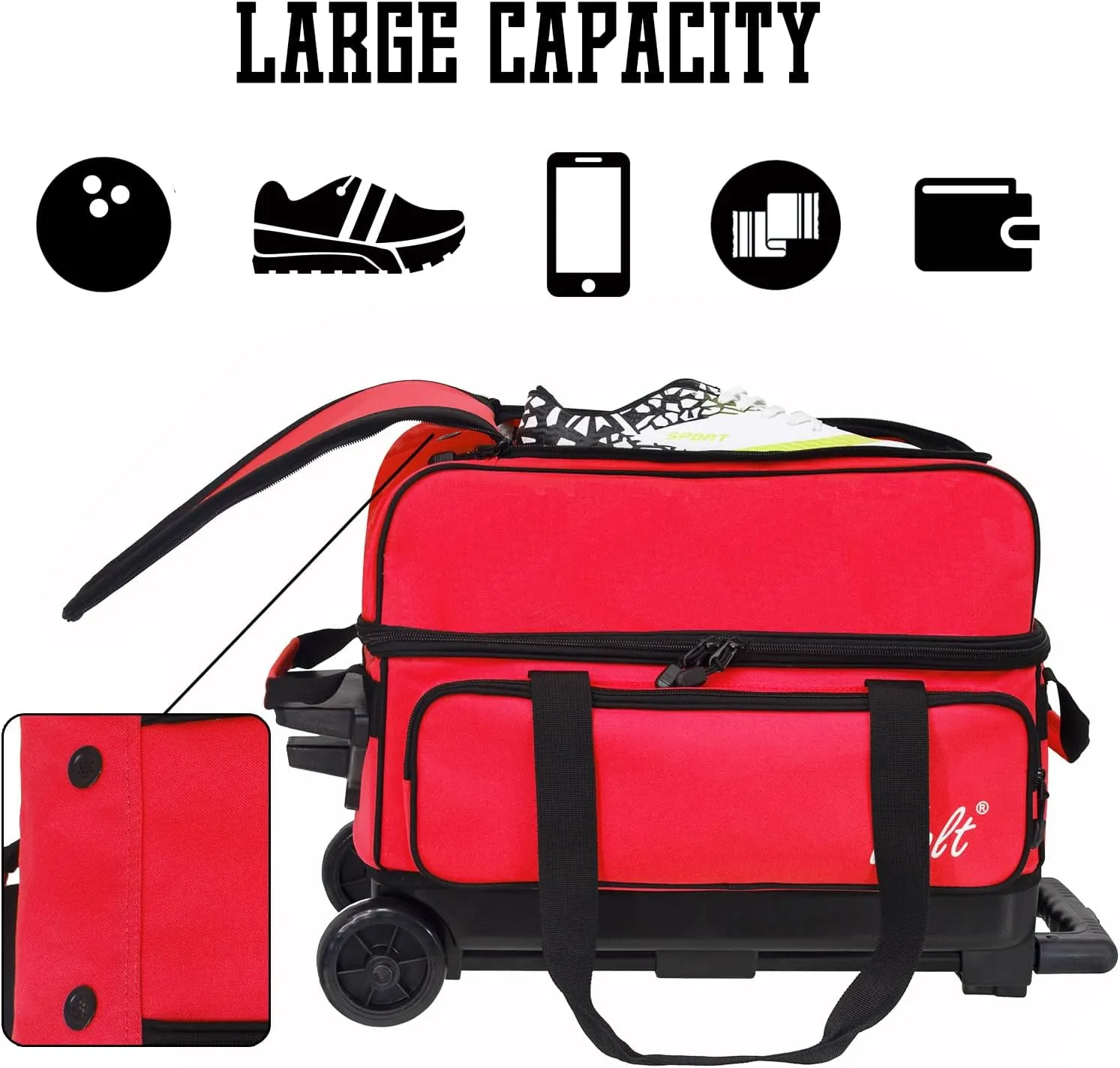 WOLT Double Roller 2 Ball Bowling Bag with Separate Shoe Compartment, Large Capacity Bowling Ball Bag with Accessory Pocket, Retractable Handle extends to 40"